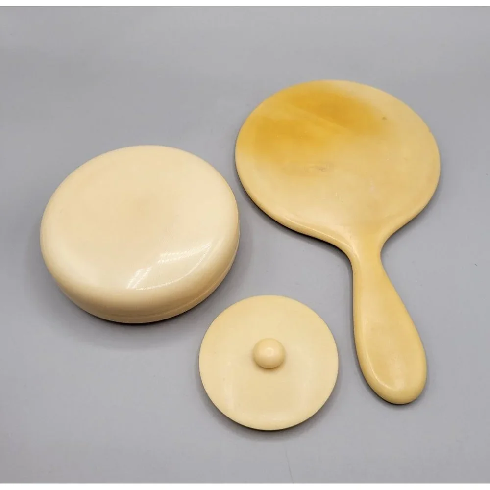 French Ivory Celluloid Beveled Hand Mirror and Powder Jar Vanity Dresser Set
